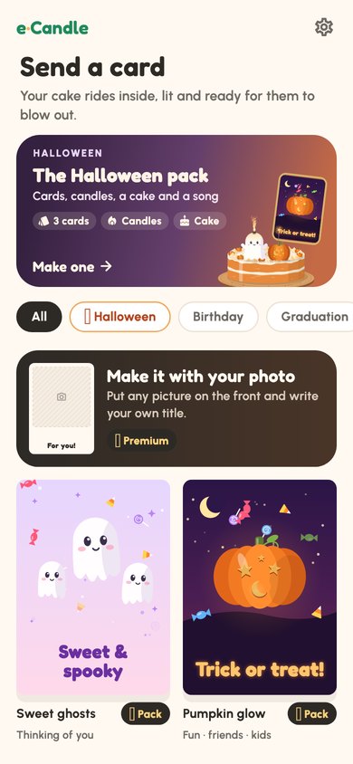 An e-Candle birthday card with a cake, sparklers and lit candles